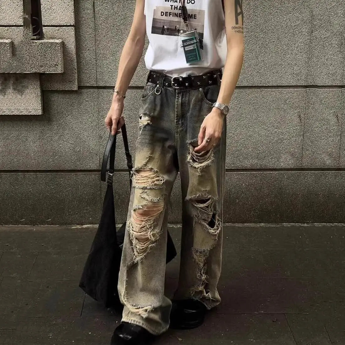 sanyamk American hip-hop street loose vintage washed hole straight leg jeans for men and women trendy and personalized casual pants y2k