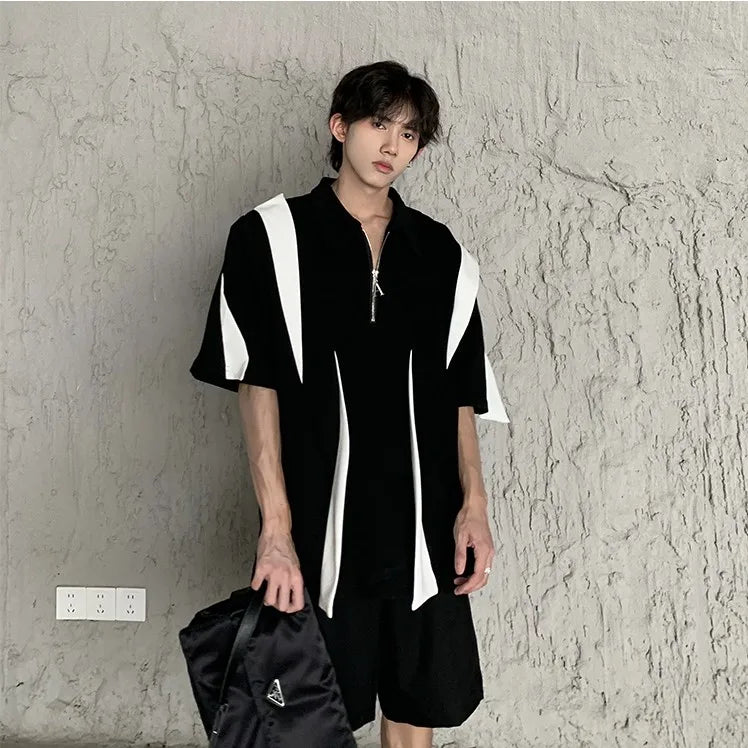 sanyamk - Summer High Street Men T-shirts Black White Contrast Patchwork Turn-down Collar Half Zipper Placket Short Sleeve Tops Tees Boys