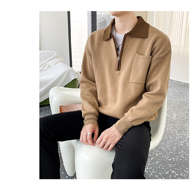 sanyamk Autumn New Knitted Sweater Men Business Casual Patchwork Polo Lapel Zipper Sweater Harajuku Mens Loose Japanese Pullove