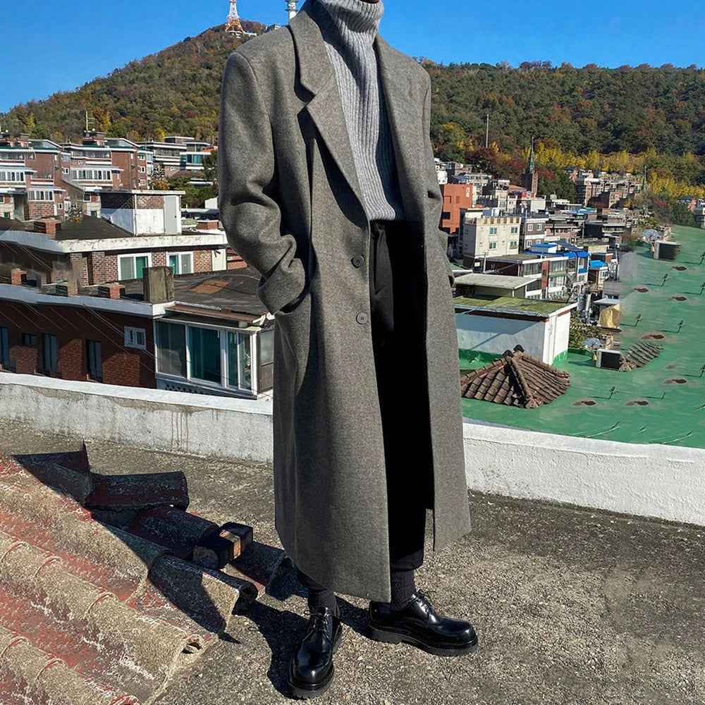 sanyamk Woolen Coat Men's Autumn Winter New Korean Style Trendy Loose Mid-Length Elegant Retro Simple Comfort Solid Woolen Coat Jacket