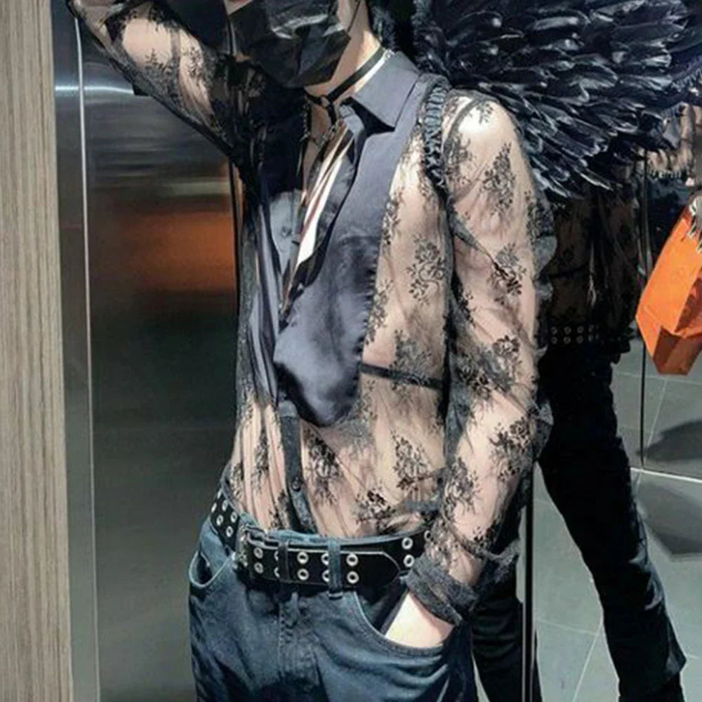 Bonsir Autumn Men's Sexy Lace See-through Nightclub Party Short Sleeve Shirt Retro Vampire Loose Top LGBT Shirt