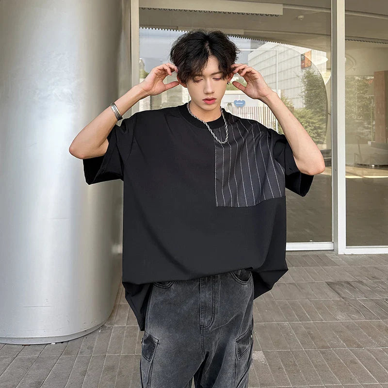 sanyamk - Summer Men's Oversized Short Sleeve Tee Patchwork Striped Black White Loose t-shirts for men