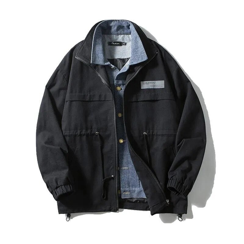 sanyamk Men Fake Two Pieces Denim Patchwork Jacket Jeans Spliced Sashes Contrast Casual Jacket Coat Retro Zip Closure Coat Plus Size