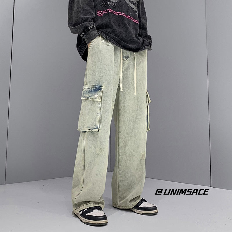 sanyamk 3 Colors Baggy Jeans Men Fashion Casual Pocket Cargo Jeans Men Streetwear Loose Hip-hop Straight Denim Pants Mens Trousers M-2XL