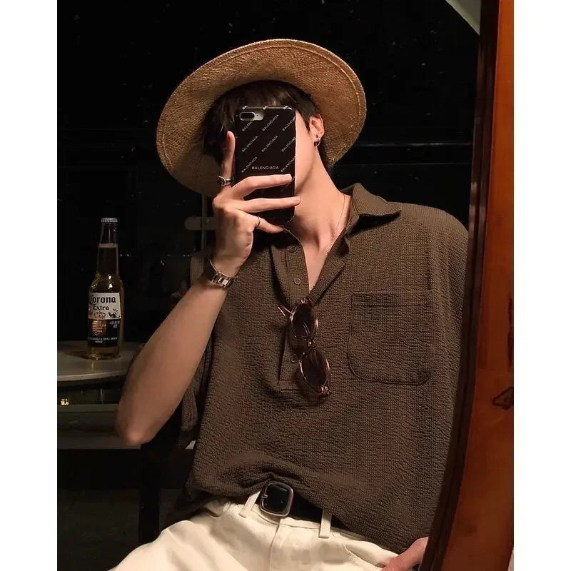 sanyamk - Summer Lapel Solid Color Knit Polo T-shirts for Men Short Sleeve Tee Korean Fashion Loose Casual Golf Button Waffle Polo Shirts