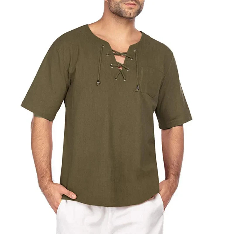 sanyamk - Summer Daily Leisure Cotton Linen T Shirt Men Vintage Drawstring V Neck T-shirts Casual Solid Color Short Sleeve Mens Pullovers