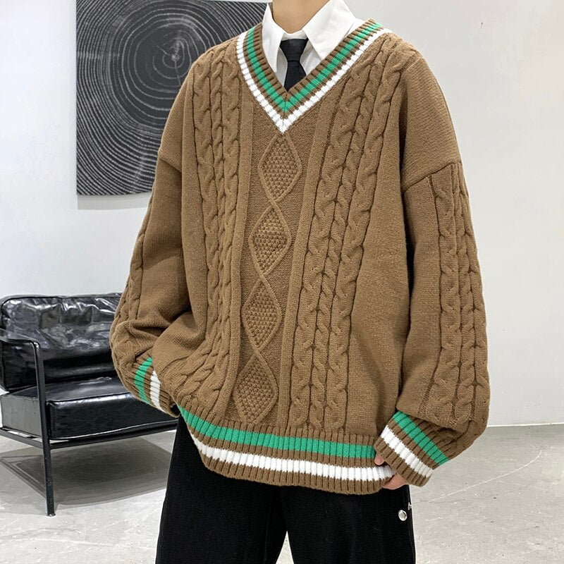 Bonsir Winter V-neck Sweater Men New Patchwork Color Knitted Sweater Pullover Harajuku Couple Streetwear Loose Knitwear Oversized 2XL