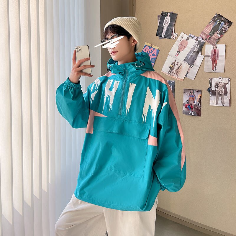 Bonsir Autumn Letter Men's Pullover Hooded Zippers Coat Fashion Brand Loose Autumn Male Jackets Hip Hop Unisex Clothing