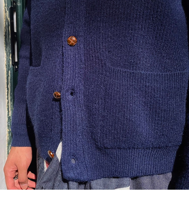 Bonsir Fall lapel Sweater Cardigan Men Knitting Pocket Sweaters Winter Warm Coat Men Single Breasted Top Cardigan Sexy Pleated Sweater