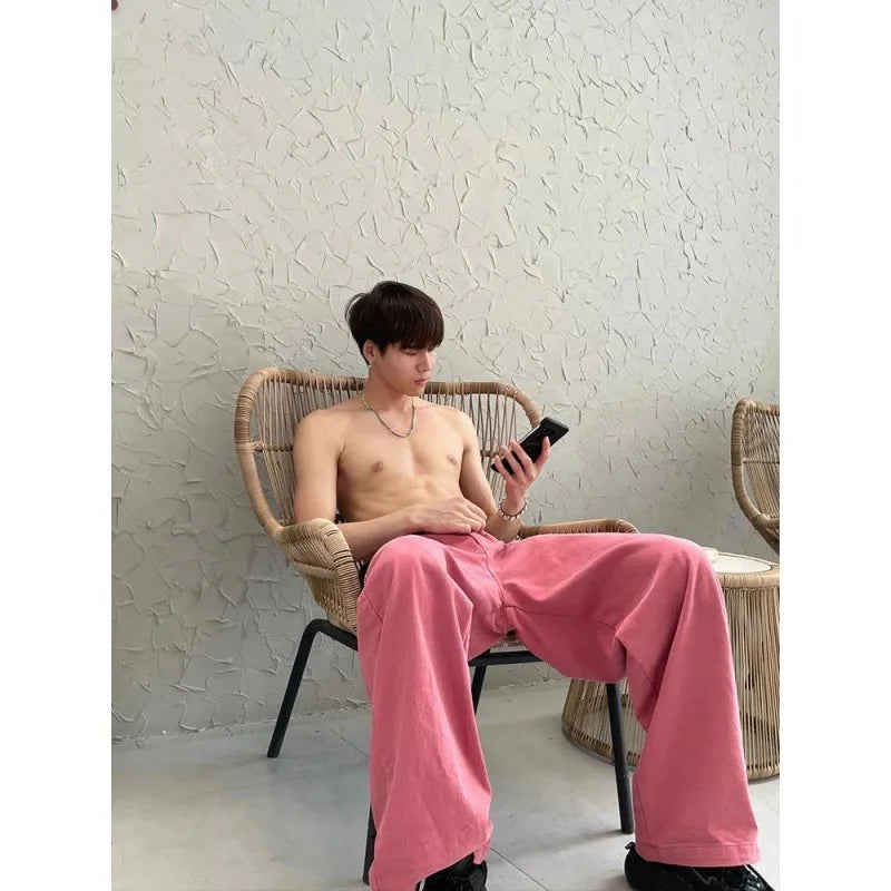 sanyamk Fashion Pink Pants Men's Jeans Loose Streetwear Baggy Denim Trousers Male Straight Bottoms Korean Style Trousers Hip Hop
