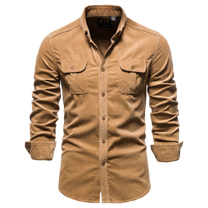 Bonsir Men's Shirt Cotton Lapel Casual Spring Autumn Corduroy Shirts for Men Slim Solid Color Shirts Long Sleeve Tops EU Size