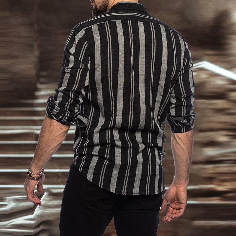 Bonsir Autumn Casual Men Clothes Vintage Striped Print Shirts Long Sleeve Turn-down Collar Button-down Tops Mens Spring Fashion Shirt
