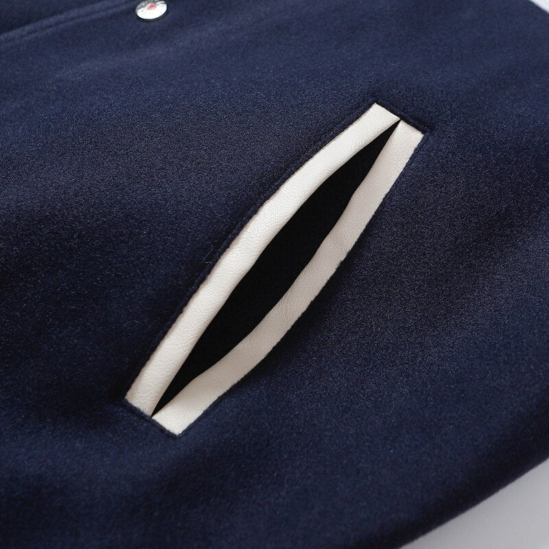 Bonsir Flocking Letter Embroidery Patchwork Human Made Wool Coat for Male and Female Retro Leather Sleeve Oversized Autumn Jackets