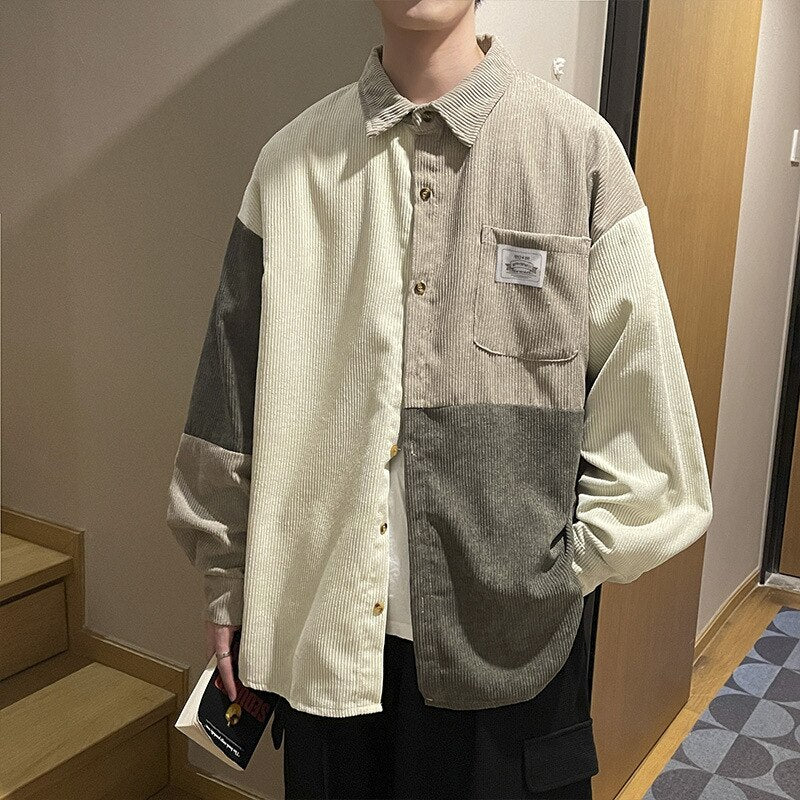 sanyamk Corduroy Shirt Men Vintage Splicing Top Oversized Long Sleeves Blouse Trend Fashion Streetwear Spring Autumn Y2K Male Clothes