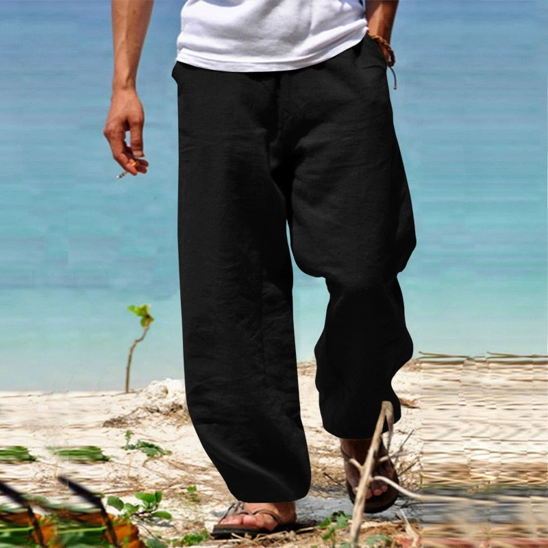 Bonsir Spring Summer Vintage Men's Solid Color Cotton Linen Long Pants Casual Trousers Men Leisure Drawstring Beach Pants