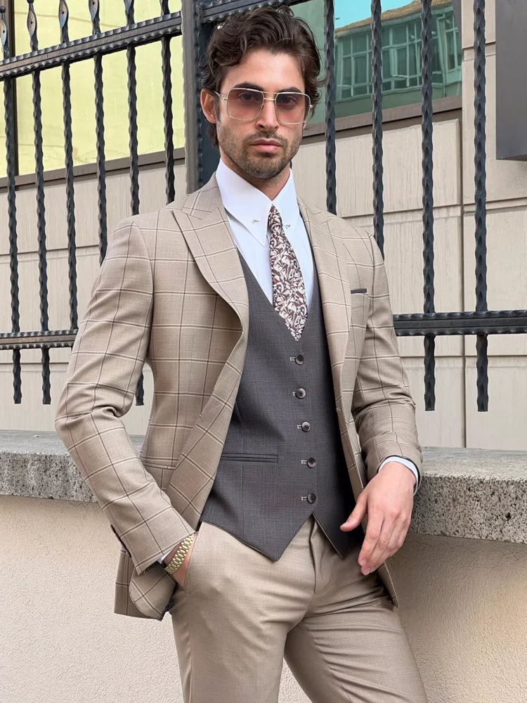 sanyamk Beige Men Suit 3 Pieces Plaid Jacket Gray Vest One Button For Wedding Birthday Business Casual Set Jacket Vest With Pants