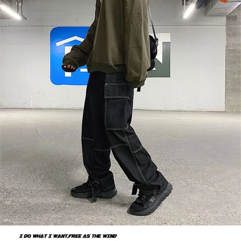 sanyamk Autumn Cargo jeans men Wide Leg Denim pants Loose Jeans Straight Baggy Men's Jeans hip hop Streetwear Neutral denim Trousers