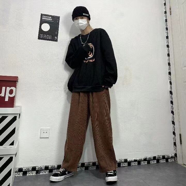 sanyamk Men's Korean Style Retro Trend Sweatpants Corduroy Fabric Solid Color Straight Casual Pants Loose Brown Color Trousers