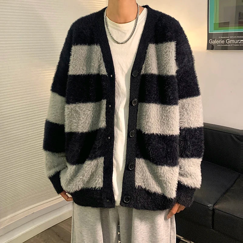 Bonsir Male Cardigans Vintage Retro Sweater Men's Knitted Contrast Color Sweater Winter Warm Casual Korean Streetwear Harajuku F140