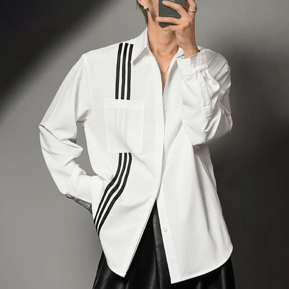 Bonsir Korean Style Loose Long-Sleeved Shirt For Men Autumn Trend British Elegant Slim Fit Retro Handsome Striped Webbing Shirt
