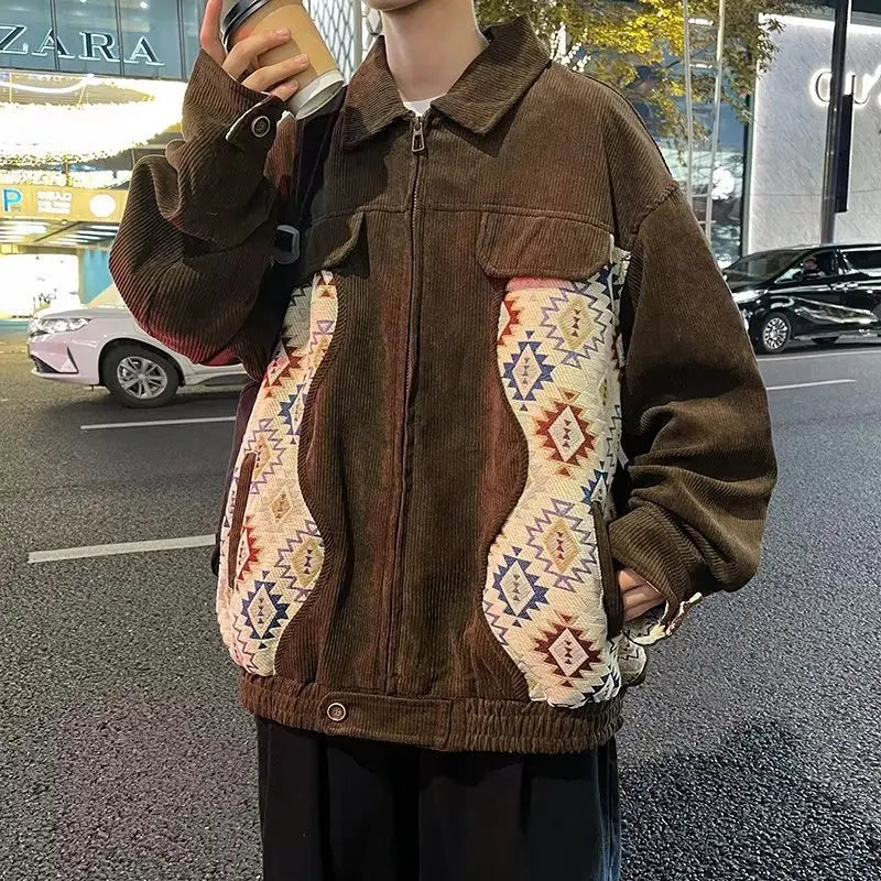 sanyamk Patchwork Jackets Men Trendy Popular Daily Spring Autumn Spliced Geometric Pattern Folk-style Handsome Teenagers Outerwear Chic