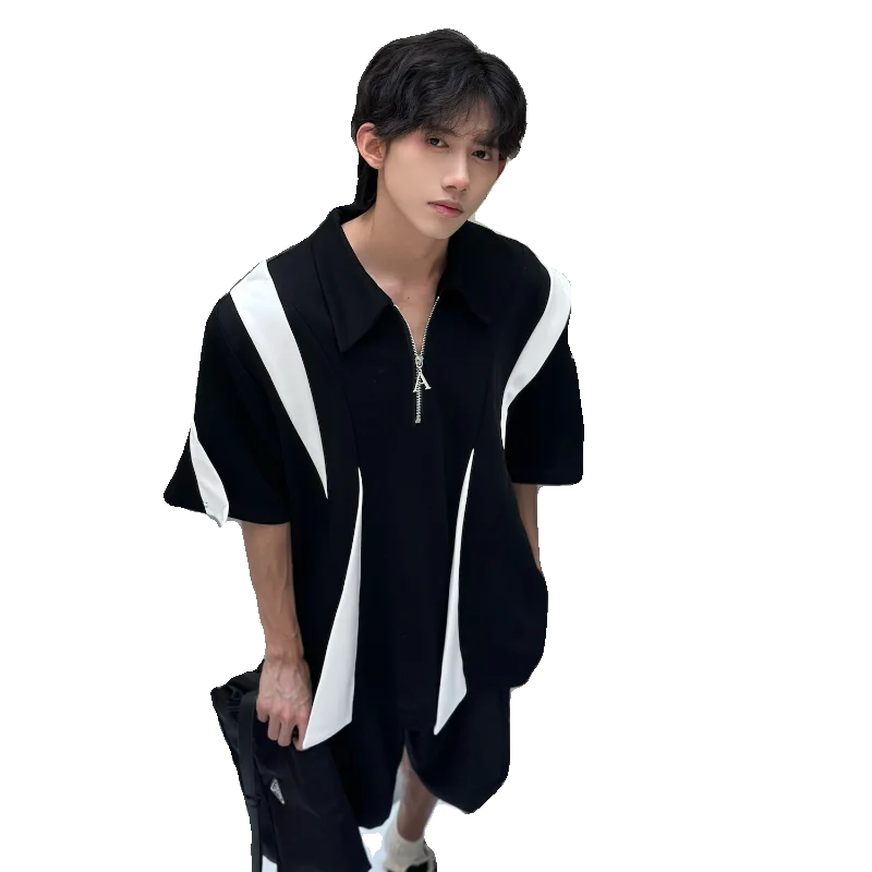 sanyamk - Summer High Street Men T-shirts Black White Contrast Patchwork Turn-down Collar Half Zipper Placket Short Sleeve Tops Tees Boys