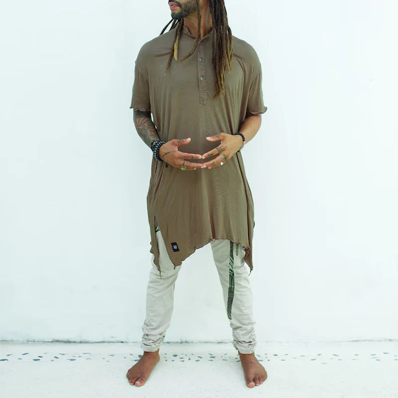sanyamk - Vintage Irregular Ripped Design Mens Long T Shirt Summer Casual Button O Neck Short Sleeve Tops Streetwear Men Fashion T-shirts