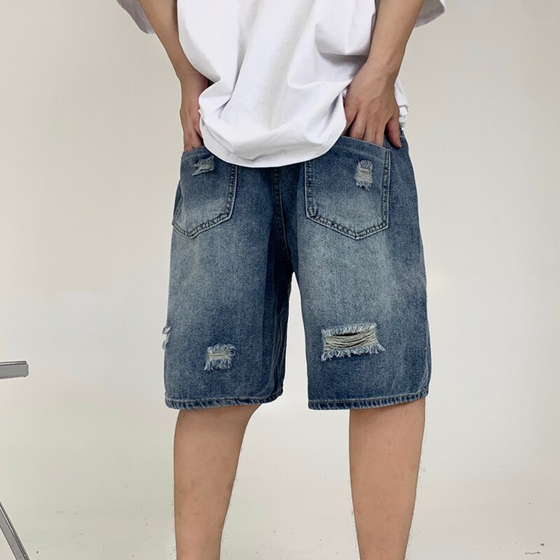 Bonsir Men's Denim Shorts Letter Embroidery Ripped Hole Short Jeans Women Wide Leg Shorts Hip Hop Drawstring Vintage Denim Pants Summer