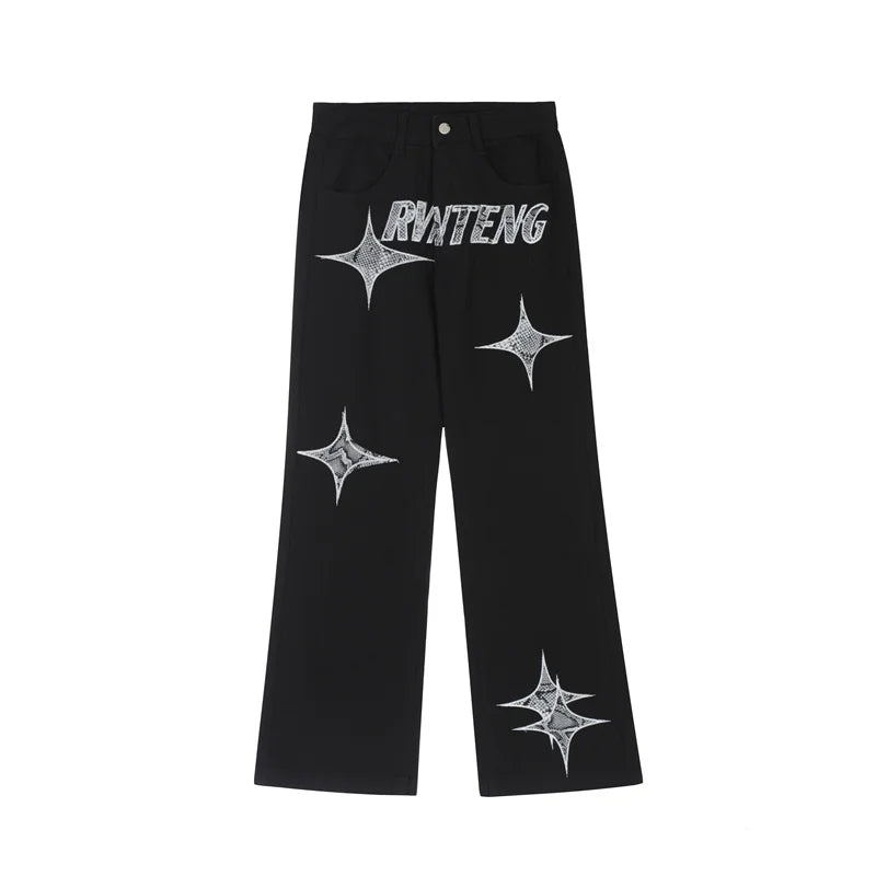 sanyamk Fashionable American street letter embroidery straight tube loose denim pants for men and women high street trendy casual pants