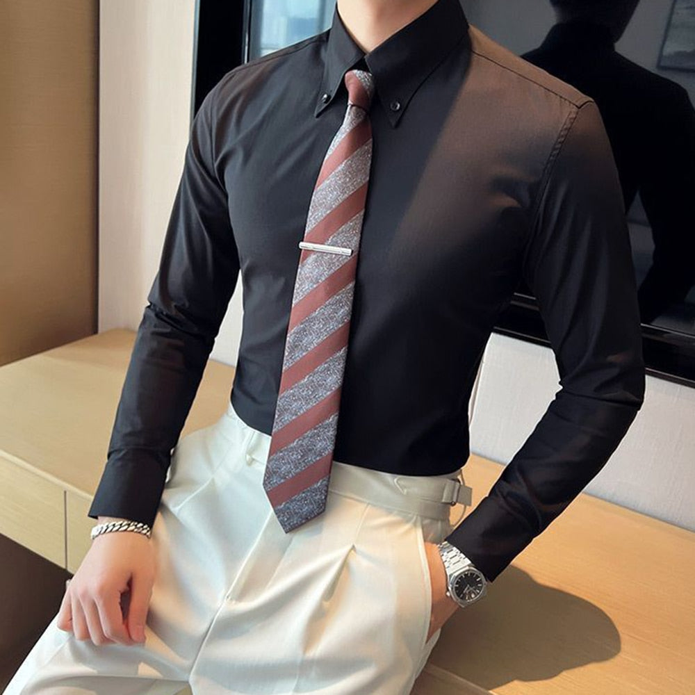 sanyamk Elegant Italian Style Large Collar Suit Shirt Men's Solid Color Long-sleeved Slim-fit Fashion Gentleman Casual Business Suit