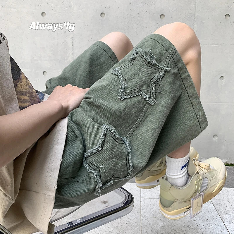Bonsir shorts men gym 2024 Loose Star Patchwork Short Men Vintage Summer Basic Simple Hot Sale Leisure Ulzzang Streetwear Chic Shorts