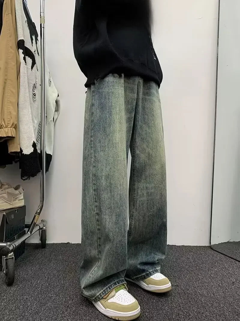 sanyamk American Style Gradient Jeans For Men Loose Fit Straight Leg High Street Trendy Brand Autumn Ins Fashion Long Pants Wide Leg