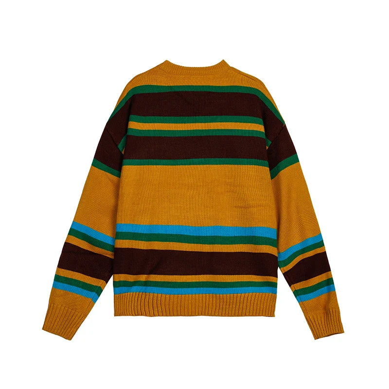 sanyamk Japan Style Vintage Sweater Men Contrast Color Striped Loose Knitted Pullover Casual pull homme Young Man Streetwear Clothing