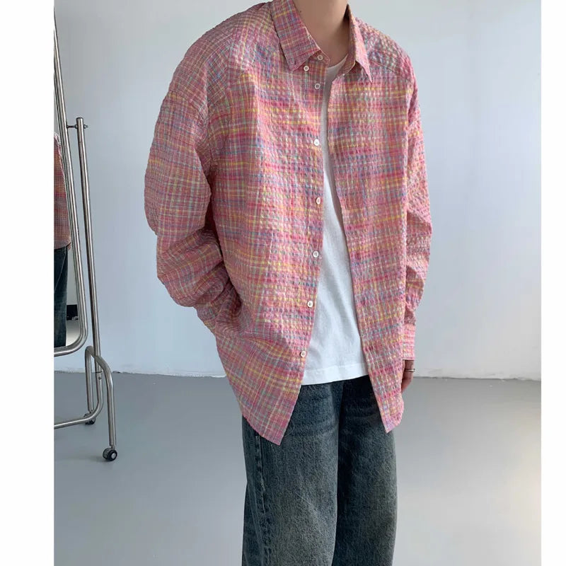 sanyamk Autumn Long Sleeved Shirt Men Fashion Color Plaid Shirt Men Streetwear Korean Loose Casual Shirt Mens Oversized Vintage Shirts