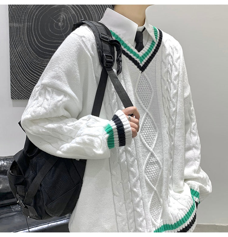 Bonsir Winter V-neck Sweater Men New Patchwork Color Knitted Sweater Pullover Harajuku Couple Streetwear Loose Knitwear Oversized 2XL