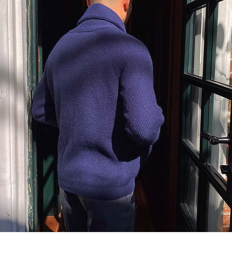 Bonsir Fall lapel Sweater Cardigan Men Knitting Pocket Sweaters Winter Warm Coat Men Single Breasted Top Cardigan Sexy Pleated Sweater