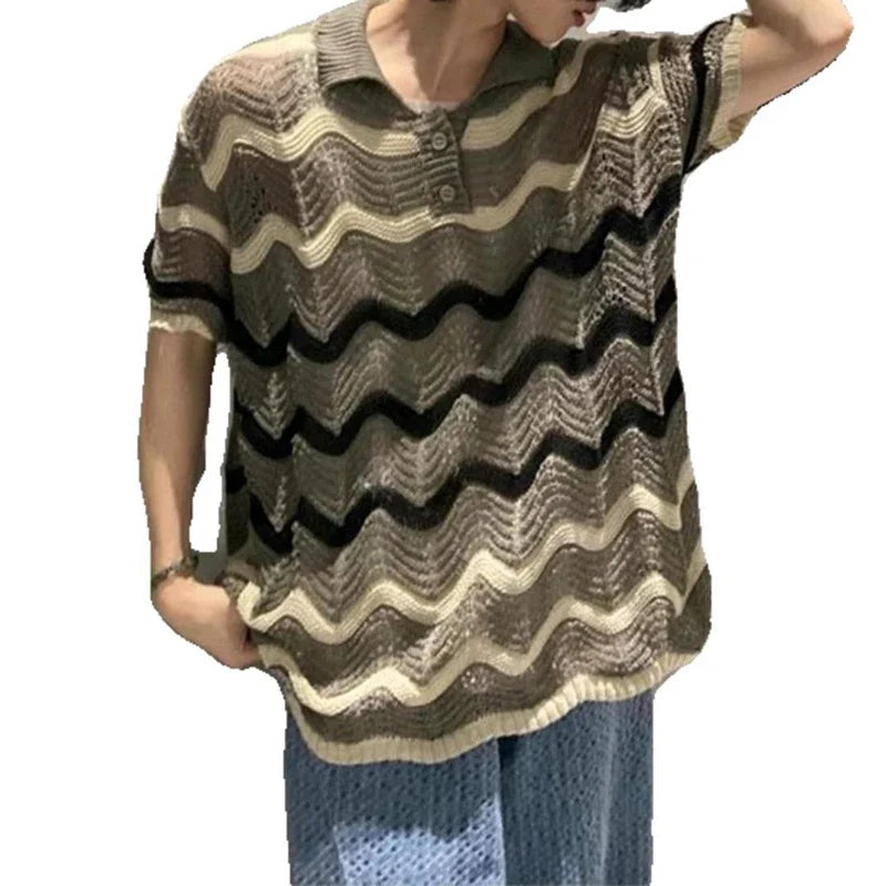 sanyamk - Leisure Hollow Out Knitted T Shirt Men Casual Lapel Button Short Sleeve Knit Tops Mens Summer Fashion Striped Knitting T-shirts