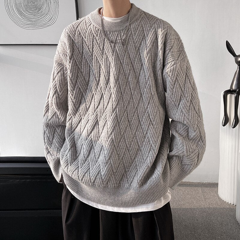 sanyamk Cable-knit Vintage Sweater Men Solid Color Loose Round Neck Male Pullovers Warm Fashion Unisex Casual Clothing