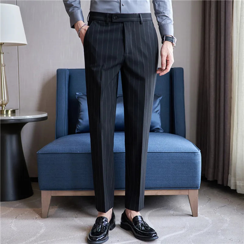 sanyamk England Style Men's Casual Striped Suit Pants Stretch Business Casual Long Slim Fit Trousers Black Blue Pencil Pants for Man