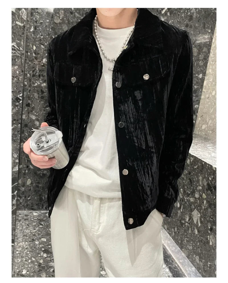 BONSIR - Autumn Winter Steetwear Windbreaker Pocket Outwear Ropa De Hombre Golden Velvet Trench Coat Casual Short Jacket Solid Color Coat