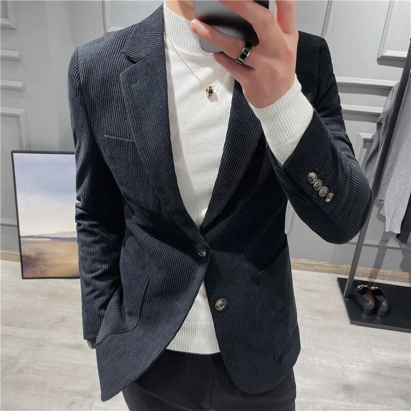 sanyamk British Style Fashion Men's Suit Jacket Slim Fit Handsome Suit Jacket Fashion Men's Business Jacket Corduroy Blazers Size S-3XL