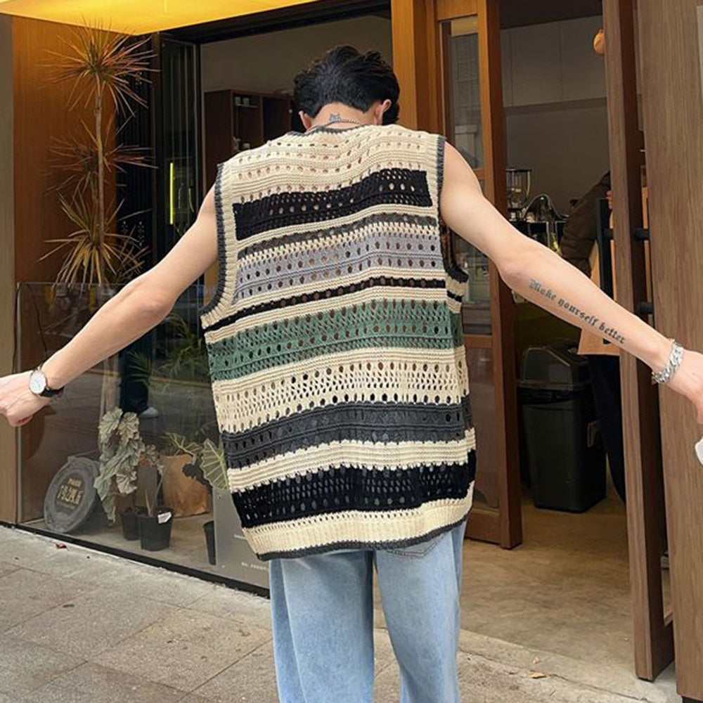sanyamk Fashion Knitted Vest Y2k Streetwear Trend Hollow Sleeveless Top Men's Striped Contrast Color Loose Tank Tops Genderless Clothing