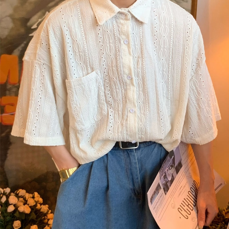 Bonsir Fashion Hollow Out Solid Color Loose Shirts Mens Vintage Buttoned Lapel Pocket Thin Tops Summer Casual Men Streetwear Shirt