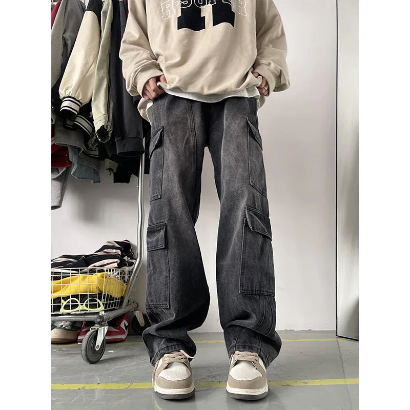 sanyamk New Men's Patchwork Muti-pockets Cargo Jeans Unisex Straight Casual Trousers Men Hip Hop Streetwear Vintage Fashion Pants