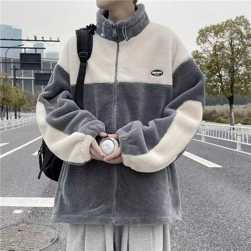 sanyamk Winter Fleece Fluffy Jacket Warm Fuzzy Zipper Patchwork Coat Men Autumn Lightweight Jackets Streetwear Hip Hop Harajuku