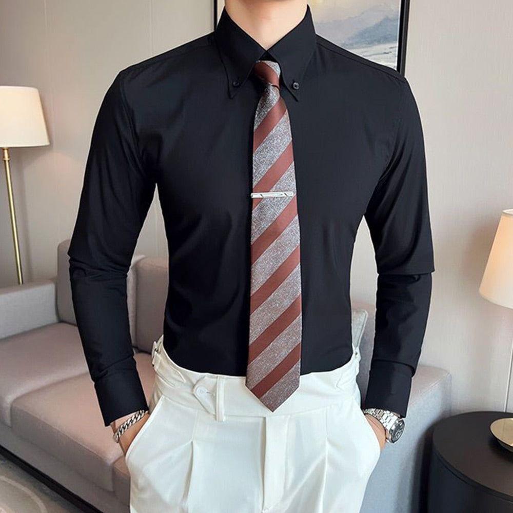 sanyamk Elegant Italian Style Large Collar Suit Shirt Men's Solid Color Long-sleeved Slim-fit Fashion Gentleman Casual Business Suit