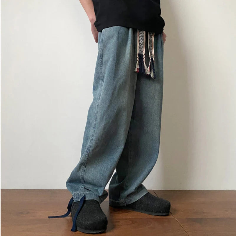 BONSIR - New Fashion Men Jeans Vintage Hip Hop Denim Pants Ethnic Pattern Drawstring Male Straight Loose Streetwear Baggy Cowboy Trousers