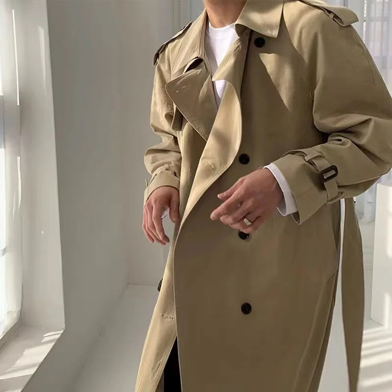 sanyamk Khaki Black Trench Coat Men Oversized Fashion Casual Long Coat Men Streetwear Korean Loose Windbreaker Jacket Mens Overcoat
