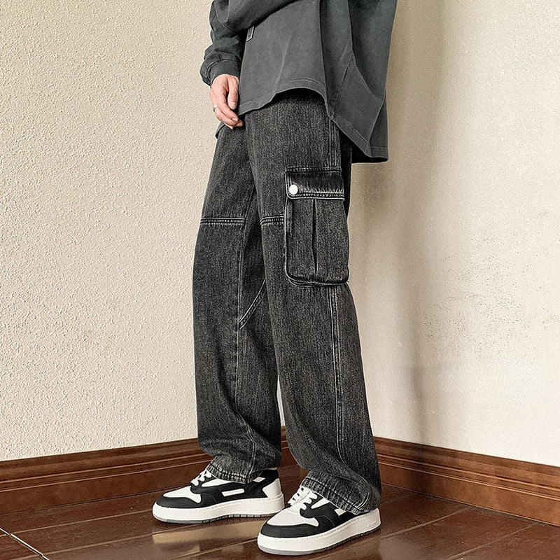 sanyamk 4 Colors Baggy Cargo Jeans Men Fashion Casual Pocket Jeans Men Streetwear Hip Hop Loose Straight Denim Pants Mens Trousers M-2XL
