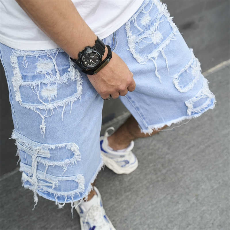 sanyamk Spring Summer Men Vintage Jean Shorts Streetwear Ripped Design Loose Solid Denim Straight Shorts Mens Leisure Jeans Short Pant